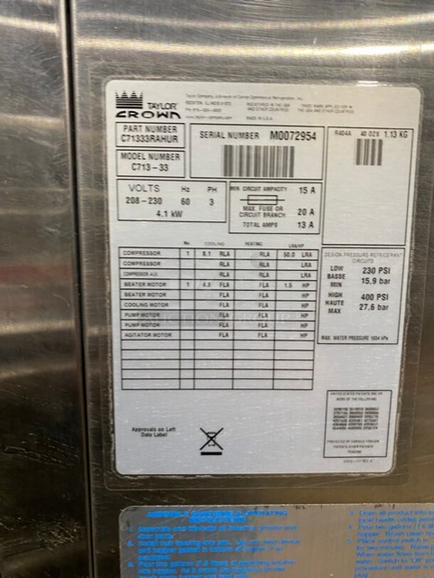 WOW! Taylor Crown Commercial 3 Handle Soft Serve Ice Cream Machine! All Stainless Steel! On Casters! Model: C71333 SN: M0072954! 208/230V 60HZ 3 Phase - Image 5 of 10