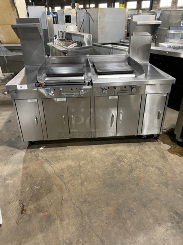 Southbend Commercial Natural Gas Powered Double Plancha Workstation! With Side And Back Splashes! With Dual Sided Work Ends! With Dual Sided Raised Back Splash And Salamander Shelves! With Storage Space Underneath! All Stainless Steel! On Casters! Model: P24CPP SN: 16K51297