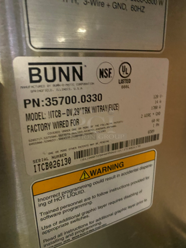 Bunn Commercial Countertop Iced Tea Machine! Stainless Steel Body! Model: ITCBDV29TRK SN: ITCB026130 120V 60HZ 1 Phase - Image 7 of 8