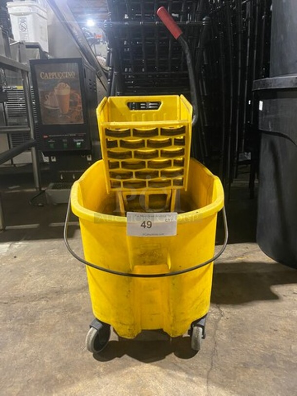 Rubbermaid Yellow Poly Mop Bucket! With Wringer Attachment! On Casters!
