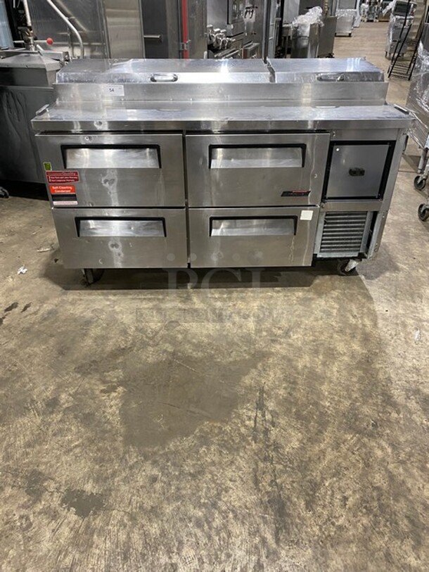 Turbo Air Commercial Refrigerated Pizza Prep Table! With 4 Drawer Storage Space Underneath! All Stainless Steel! On Casters! Model: TPR67SDD4 SN: T6P4DB4008 115V