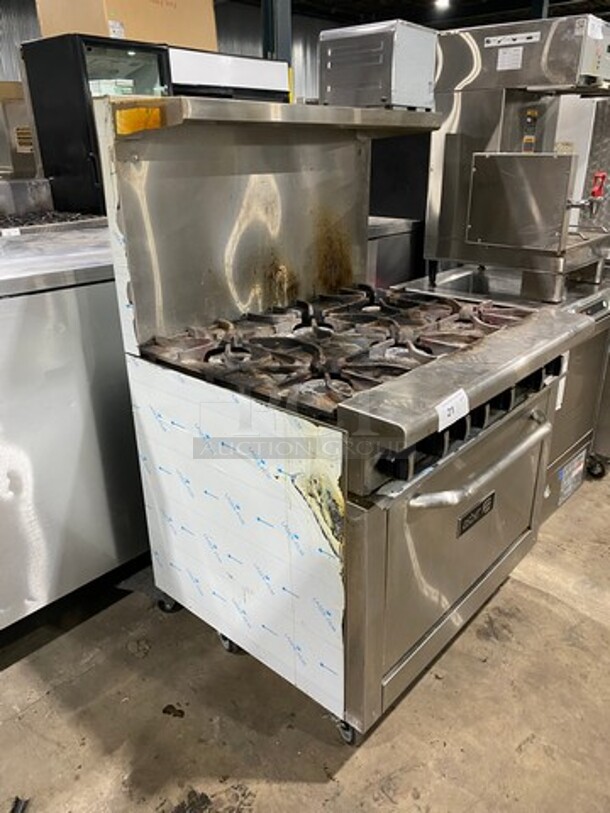LATE MODEL! 2019 Asber Commercial Natural Gas Powered 6 Burner Stove! With Raised Back Splash And Salamander Shelf! With Oven Underneath! Metal Oven Rack! All Stainless Steel! On Casters! WORKING WHEN REMOVED! - Image 2 of 11