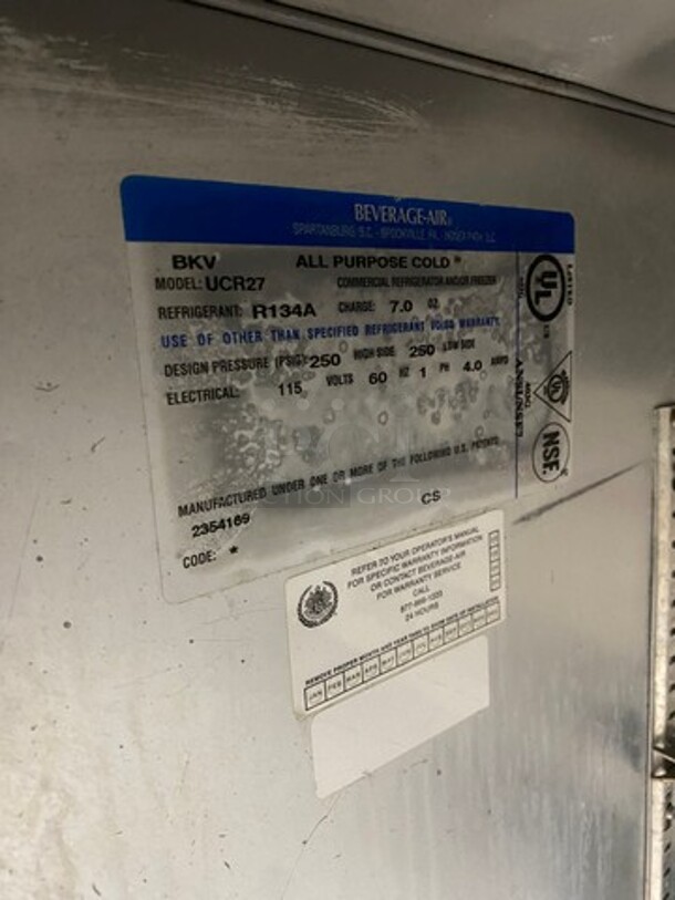 Beverage Air Commercial Single Door Undercounter Cooler! Stainless Steel! On Legs! Model: UCR27 115V 60HZ 1 Phase - Image 6 of 7