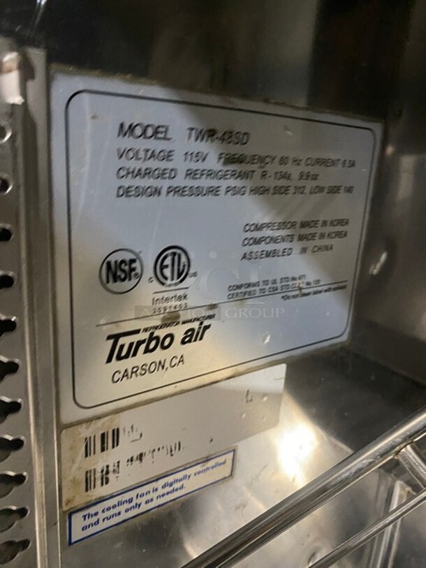 Turbo Air Commercial 2 Door Lowboy/Worktop Cooler! With Backsplash! All Stainless Steel! On Casters! WORKING WHEN REMOVED! Model: TWR48SD 115V 60HZ 1 Phase - Image 7 of 8