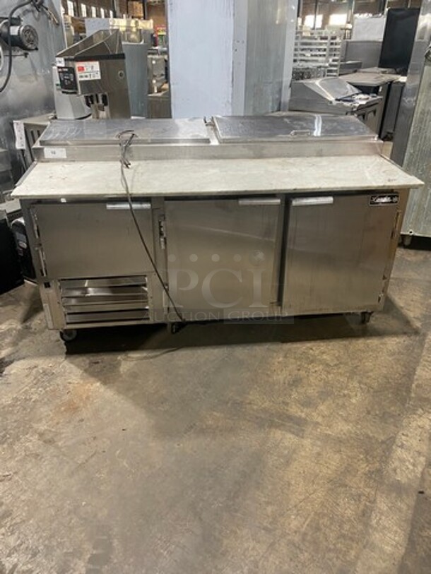 Leader Commercial Refrigerated Marble Top Pizza Prep Table! With 3 Door Underneath Storage Space! All Stainless Steel! On Casters! Model: PT72 SN: PT043536 115V 60HZ 1 Phase! Working When Removed! 