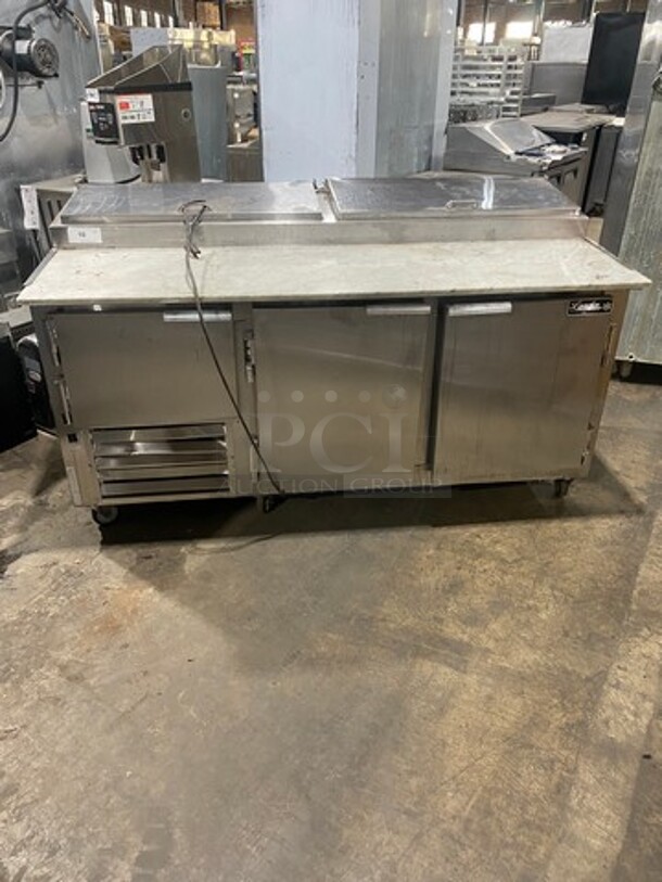 Leader Commercial Refrigerated Marble Top Pizza Prep Table! With 3 Door Underneath Storage Space! All Stainless Steel! On Casters! Model: PT72 SN: PT043536 115V 60HZ 1 Phase! Working When Removed!  - Image 1 of 10