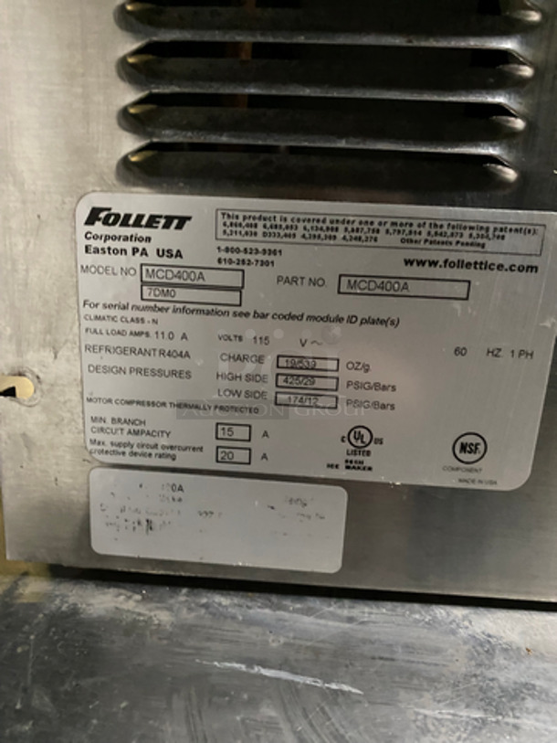 Follet Commercial Ice Machine Head! On Commercial Follet Ice Bin! All Stainless Steel! On Legs! 2x Your Bid Makes One Unit! Model: MCD400A 115V 60HZ 1 Phase - Image 7 of 9