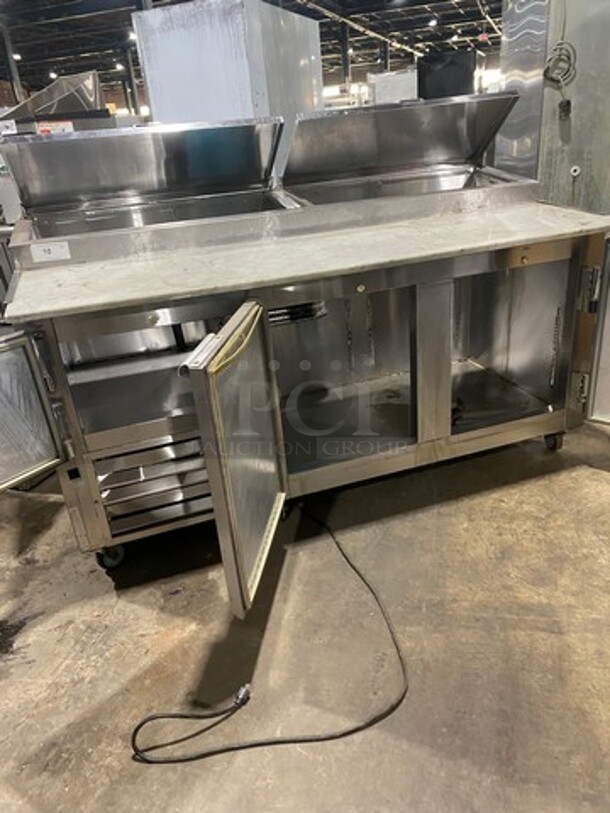 Leader Commercial Refrigerated Marble Top Pizza Prep Table! With 3 Door Underneath Storage Space! All Stainless Steel! On Casters! Model: PT72 SN: PT043536 115V 60HZ 1 Phase! Working When Removed!  - Image 5 of 10