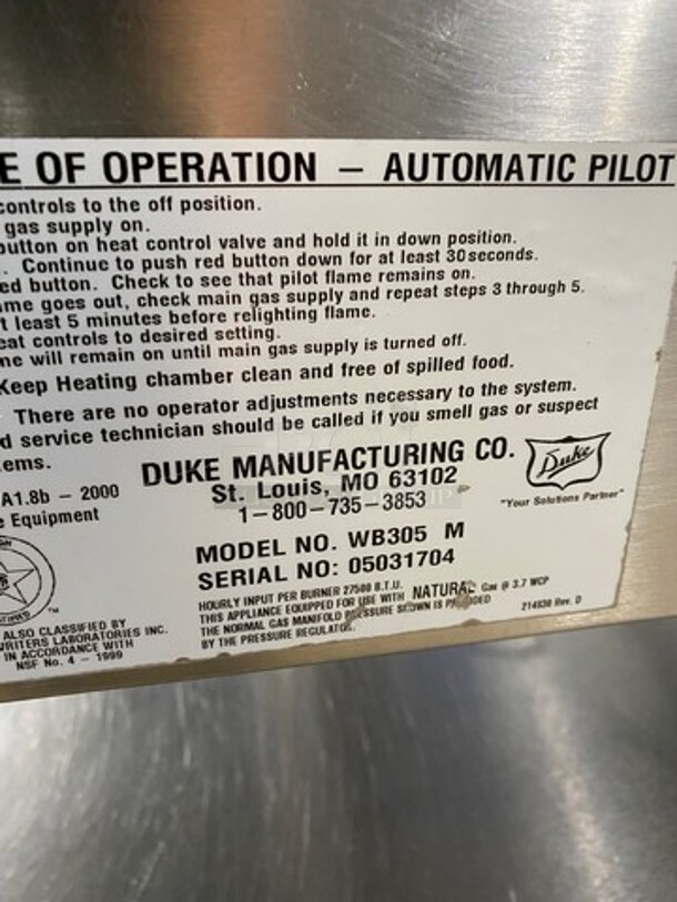 Duke Commercial Natural Gas Powered 5 Well Steam Table! With Storage Space Underneath! All Stainless Steel! On Legs! Model: WB305 SN: 05031704 - Image 7 of 9