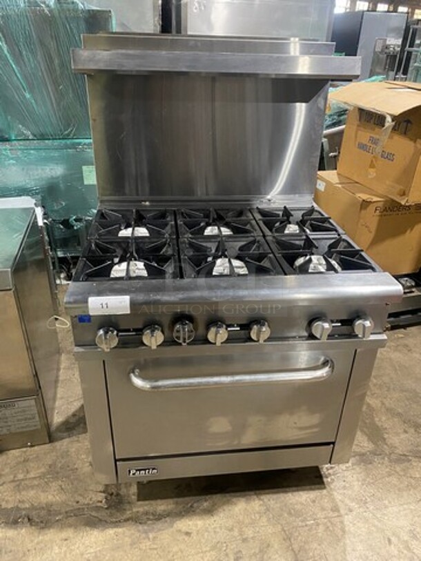 Pantin Commercial Natural Gas Powered 6 Burner Stove! With Raised Back Splash And Salamander Shelf! With Oven Underneath! All Stainless Steel! On Legs! - Image 1 of 10