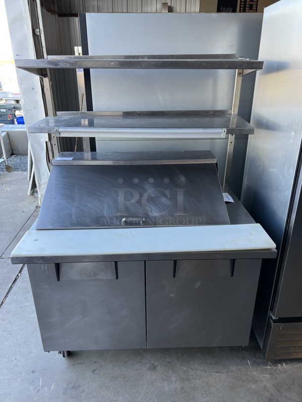 2012 True TSSU-48-18M-B Stainless Steel Commercial Sandwich Salad Prep Table Bain Marie Mega Top w/ 2 Tier Over Shelf on Commercial Casters. 115 Volts, 1 Phase. 48x36x69. Tested and Working!