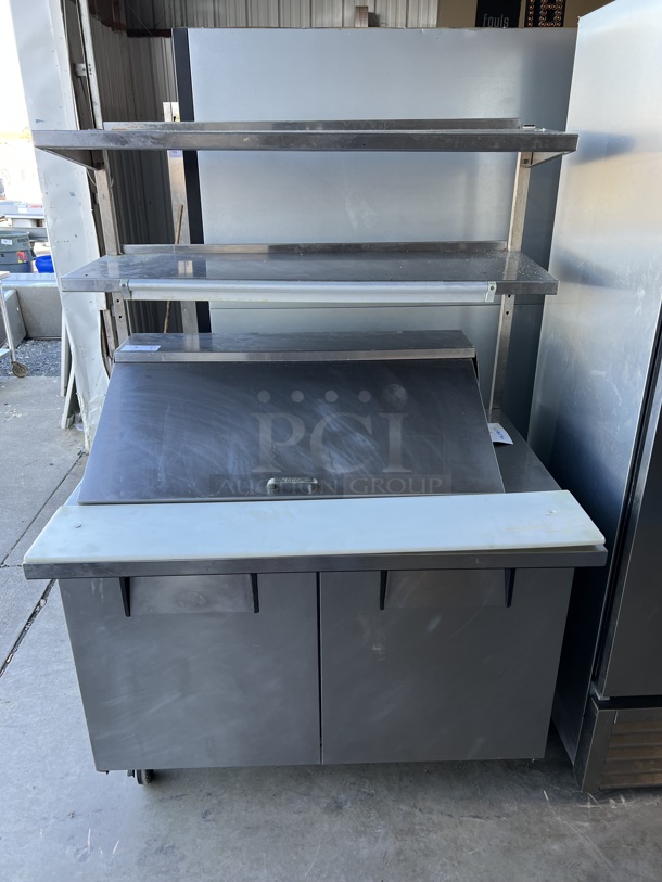 2012 True TSSU-48-18M-B Stainless Steel Commercial Sandwich Salad Prep Table Bain Marie Mega Top w/ 2 Tier Over Shelf on Commercial Casters. 115 Volts, 1 Phase. 48x36x69. Tested and Working! - Image 1 of 9
