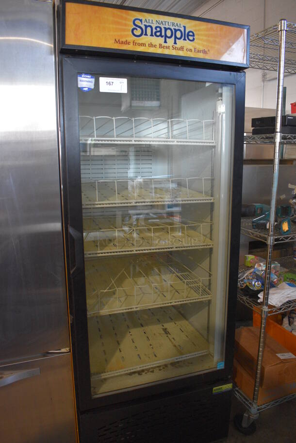 Frigoglass Model MC750-1 Metal Commercial Single Door Reach In Cooler Merchandiser w/ Poly Coated Racks. 115 Volts, 1 Phase. 30x32x78.5. Tested and Working!