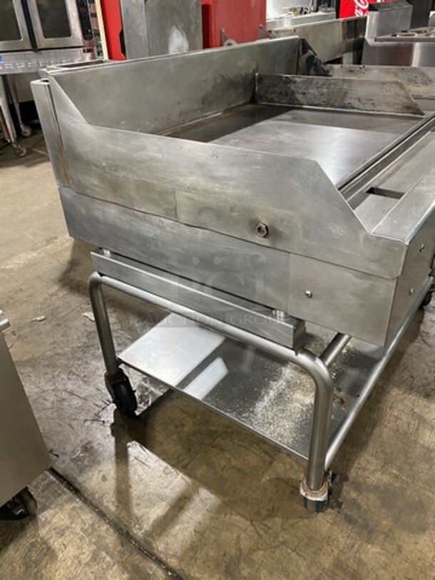 Woodstone Commercial Natural Gas Powered Flat Griddle! With Split Top! With Back & Side Splashes! On Equipment Stand! With Storage Space Underneath! All Stainless Steel! On Casters! - Image 2 of 12