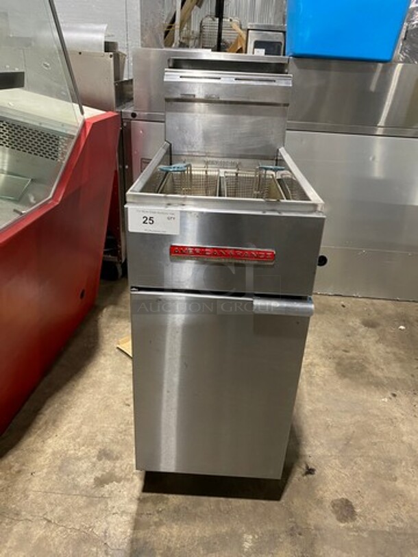 American Range Commercial Natural Gas Powered Deep Fat Fryer! With 2 Metal Frying Baskets! With Backsplash! All Stainless Steel! On Legs! Model: AF50HE SN: 211020FO351 - Image 1 of 11