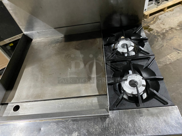 FAB! Therma Tek Commercial Natural Gas Powered Flat Top Griddle! With Right Side 2 Burners! Griddle Has Side Splashes! With Backsplash And Salamander Shelf! With Oven Underneath! Metal Oven Rack! All Stainless Steel! On Casters! - Image 5 of 11