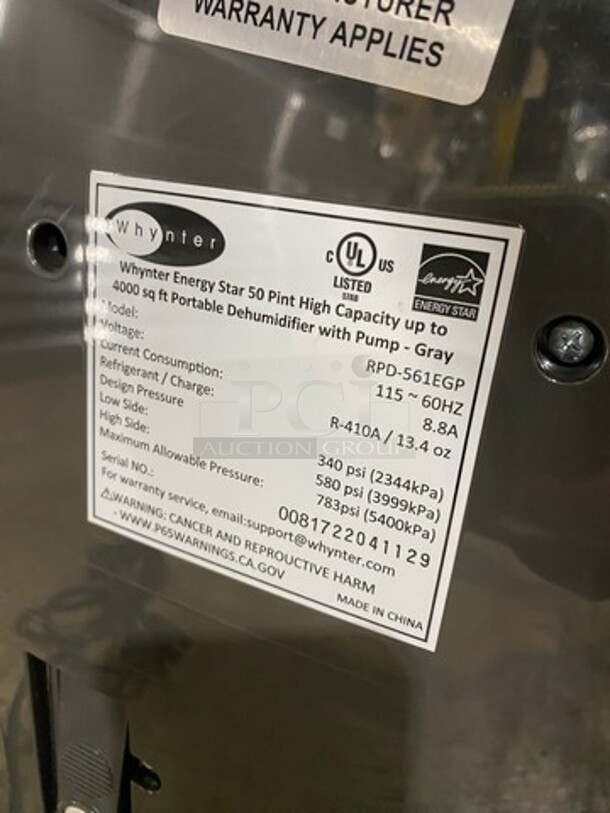 NEW! OUT OF THE BOX! SCRATCH-N-DENT! Whynter Portable Dehumidifier Unit! 4,000 Square Feet Room Capacity! Model: RPD561EGP 115V - Image 5 of 7
