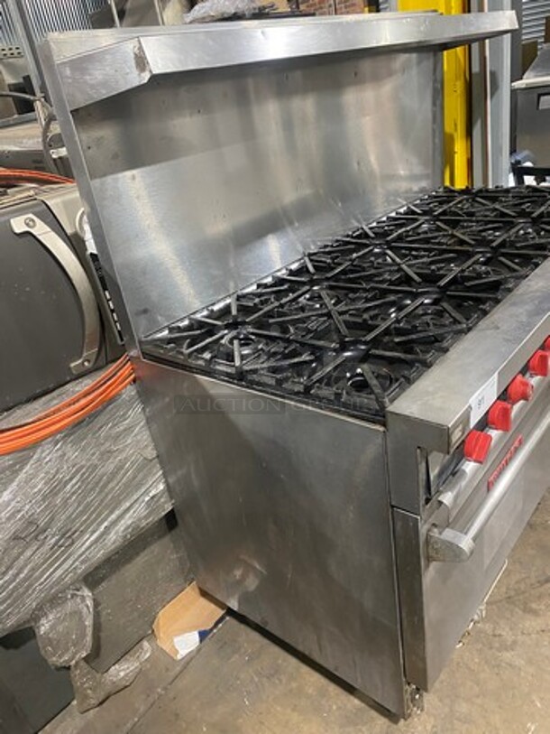 Vulcan Commerical Natural Gas Powered 10 Burner Stove! With Raised Back Splash And Salamander Shelf! With 2 Oven Underneath! All Stainless Steel! On Legs! - Image 2 of 11