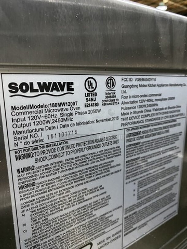 2016 Solwave Counter Top Commercial Microwave Oven! Model 180MVV1200T Serial 161101716! 120V 1 Phase!  - Image 7 of 8