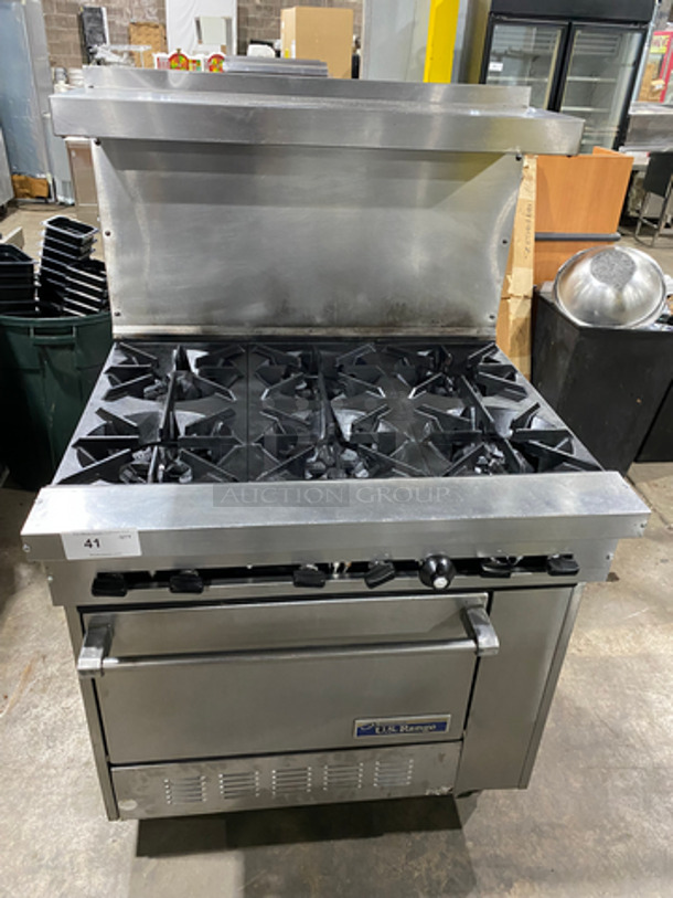 NICE! US Range Commercial Natural Gas Powered 6 Burner Stove! With Raised Back Splash And Salamander Shelf! With Oven Underneath! All Stainless Steel! On Legs!