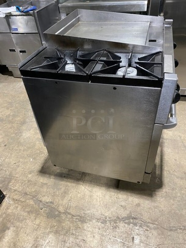 WOW! Vulcan Commercial Natural Gas Powered 2 Burner Stove With Flat Griddle! Flat Griddle Has Back And Side Splashes! With Oven Underneath! All Stainless Steel! On Casters! Model: 36S2B24GN SN: 481883161 - Image 2 of 10