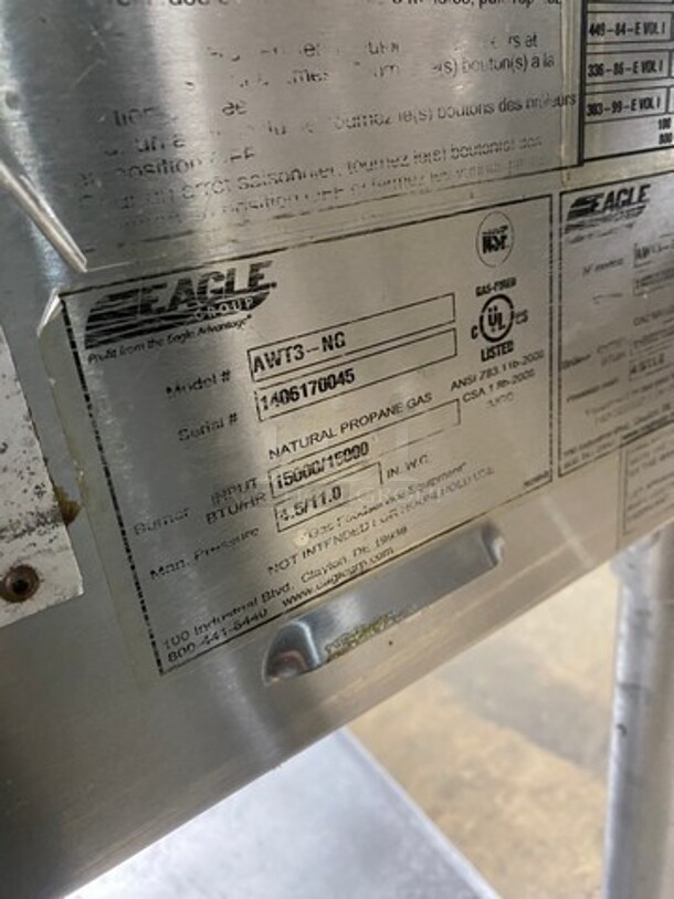 Eagle Commercial Gas Powered 3 Well Steam Table! With Storage Space Underneath! All Stainless Steel! On Legs! Model: AWT3NG SN: 1406170045 - Image 8 of 9