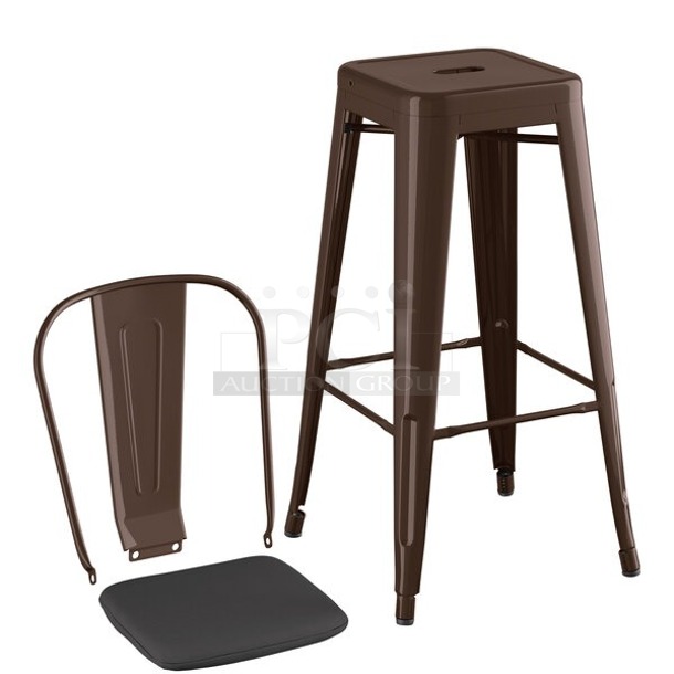 BRAND NEW SCRATCH & DENT! Lancaster Table & Seating Alloy Series Copper Outdoor Cafe Barstool with Black Fabric Magnetic Cushion. Out of Original packaging. Missing the magnetic cushion seats. Assembly required. Scratched. 6x Your Bid - Image 2 of 2