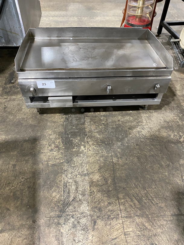 Commercial Countertop Natural Gas Powered Flat Griddle! With Back And Side Splashes! All Stainless Steel! On Legs!