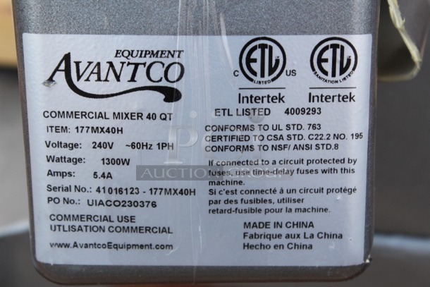 BRAND NEW SCRATCH & DENT! Avantco MX40H 40 Qt. Planetary Floor Mixer with Guard & Standard Accessories - 240V, 2 hp. S/N: No.: 41016123-177MX40H Electrical box and top of mixer are damage. See photos. 20-1/2 x 24 x 46 - Image 5 of 7