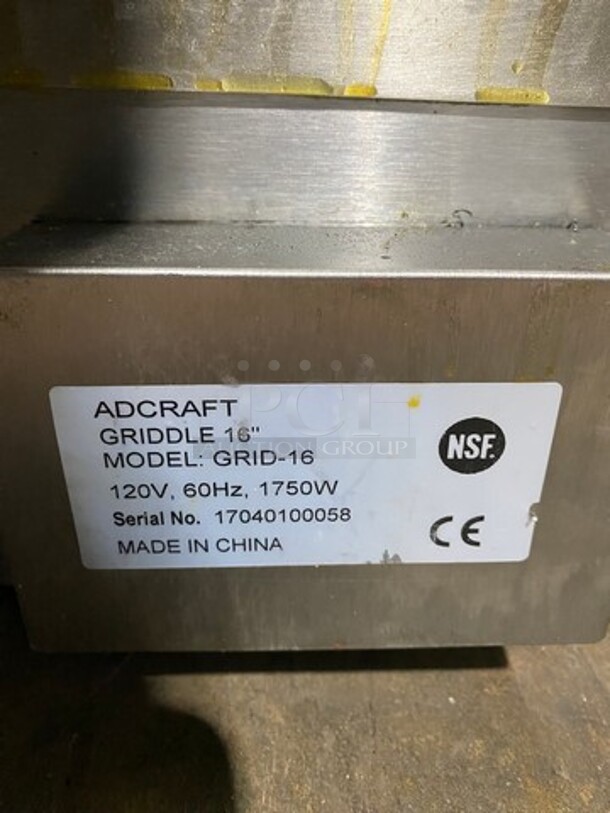 Sweet! Like New! Late Model! Adcraft Commercial Countertop Electric Powered Flat Griddle! With Back And Side Splashes! All Stainless Steel! Model: GRID16 SN: 17040100058 120V 1 Phase! Working When Removed!  - Image 9 of 9