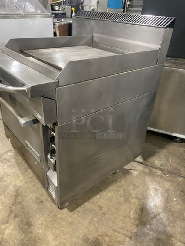 Garland Commercial Natural Gas Powered Flat Griddle With Left Side Hot Plate! Griddle Has Side Splashes! With Back Splash! With Convection Oven Underneath! All Stainless Steel! On Legs! - Image 2 of 11