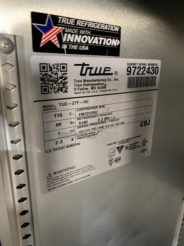 LATE MODEL! 2019 True Commercial Single Door Lowboy/Worktop Freezer! All Stainless Steel! On Casters! With New Compressor! Model: TUC27FHC SN: 9722430 115V 60HZ 1 Phase - Image 6 of 7