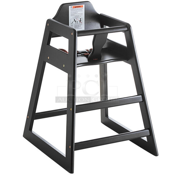 BRAND NEW SCRATCH AND DENT! 2022 Lancaster Table & Seating 164HIGHCKDBK Black Wooden Stackable High Chair. Stock Picture Used as Gallery. - Image 1 of 6
