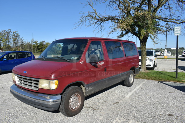 1992 Ford Ecoline E-150 Chateau Club Wagon Multipurpose Passenger Van w/ Hitch and Spare Tire. Odometer Reads 134,008. VIN 1FMEE11N6PHA00518. Title In Hand. Vehicle Runs and Drives But Battery Is Dead So It Will Need To Be Jumped. See Lot 2 For Additional Pictures.