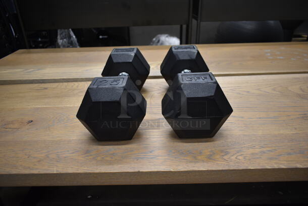2 Metal 25 Pound Rubber Hex Dumbbells. Stock Picture - Cosmetic Condition May Vary. 2 Times Your Bid!
