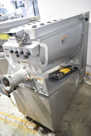 Hobart MG2032 Metal Commercial Floor Style Electric Powered Meat Mixer Grinder w/ Foot Pedal on Commercial Casters. 208 Volts, 3 Phase. Tested and Working!