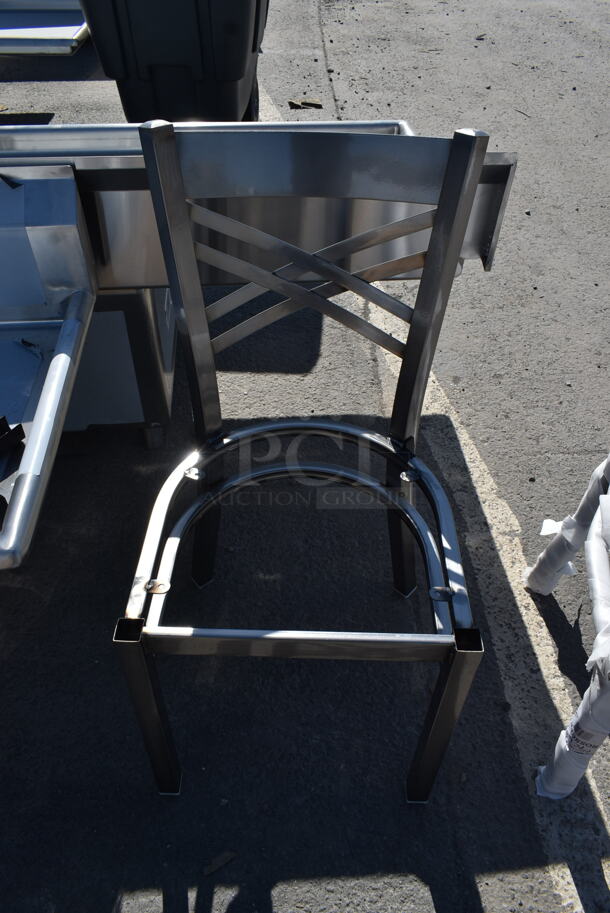 2 BRAND NEW SCRATCH AND DENT! Silver Metal Dining Height Cross Back Dining Height Chair Frames. 2 Times Your Bid!