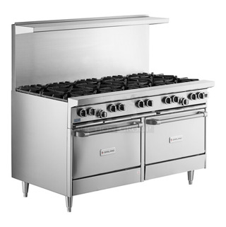 BRAND NEW SCRATCH AND DENT! LATE MODEL! Garland G60-10CC Stainless Steel Commercial Natural Gas 10 Burner 60" Range with 2 Convection Ovens, Over Shelf and Back Splash. 406,000 BTU.
