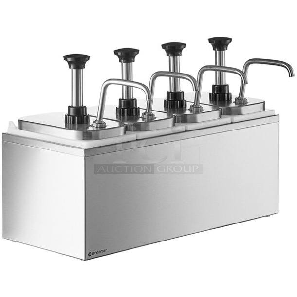 BRAND NEW IN BOX! ServSense 651PDS2QT4S Quadruple 2 Qt. Stainless Steel Condiment Dispenser - 4 Stainless Steel Pumps with Adjustable Portion Control