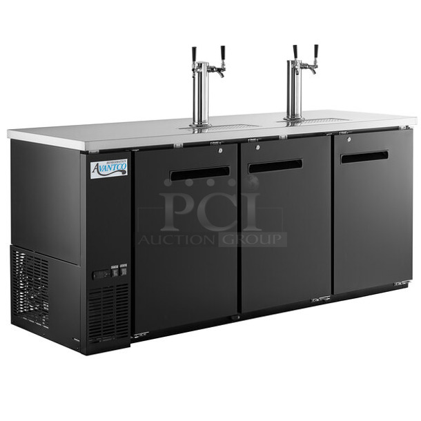 BRAND NEW SCRATCH AND DENT! 2024 Avantco 178UDD378 Metal Commercial Black Kegerator / Beer Dispenser with 2 Double Tap Towers - (4) 1/2 Keg Capacity. 115 Volts, 1 Phase. - Item #1111715