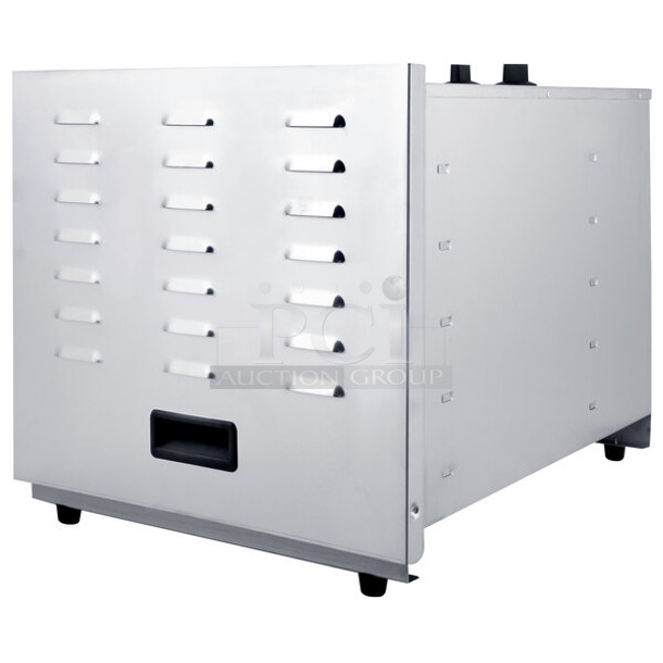 BRAND NEW SCRATCH AND DENT! 2023 Avantco 177EG30N Stainless Steel Commercial Countertop Ten Tray Food Dehydrator with Removable Door. 120 Volts, 1 Phase. Tested and Working!
 - Image 1 of 7