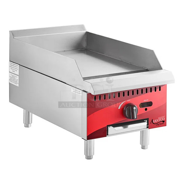 BRAND NEW SCRATCH AND DENT! Avantco 177CAG15MG Stainless Steel Commercial Countertop Natural Gas Powered Flat Top Griddle. 30,000 BTU.  - Image 1 of 8