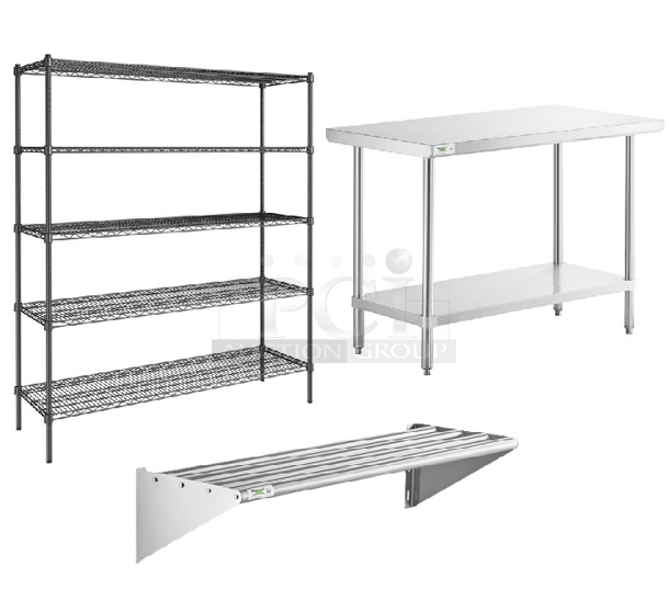 3 BRAND NEW SCRATCH AND DENT! Items Including Steelton 465B1860KE5 18" x 60" NSF Black Epoxy 5-Shelf Kit with 72" Posts, Regency 600TWMS1648 16" x 48" Stainless Steel Tubular Wall Mounted Shelf and Regency 600TS2448S 24" x 48" 16-Gauge 304 Stainless Steel Commercial Work Table with Undershelf. 3 Times Your Bid! May Be Missing Pieces. - Image 1 of 4