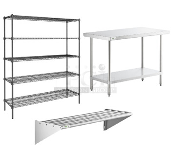 3 BRAND NEW SCRATCH AND DENT! Items Including Steelton 465B1860KE5 18" x 60" NSF Black Epoxy 5-Shelf Kit with 72" Posts, Regency 600TWMS1648 16" x 48" Stainless Steel Tubular Wall Mounted Shelf and Regency 600TS2448S 24" x 48" 16-Gauge 304 Stainless Steel Commercial Work Table with Undershelf. 3 Times Your Bid! May Be Missing Pieces.