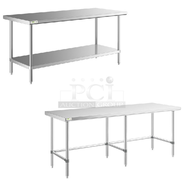 2 BRAND NEW SCRATCH AND DENT! Items; Regency 600TA3072S 30" x 72" All 18-Gauge 430 Stainless Steel Commercial Work Table with Undershelf and Regency 600WT30X84SS 
 30" x 84" 16-Gauge 304 Stainless Steel Commercial Open Base Work Table. 2 Times Your Bid! May Be Missing Pieces.  - Image 1 of 5