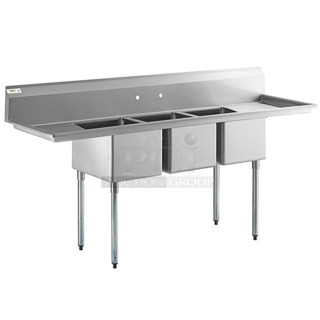 BRAND NEW SCRATCH AND DENT! Regency 600S31620218 88" 16 Gauge Stainless Steel Three Compartment Commercial Sink with Galvanized Steel Legs and 2 Drainboards - 16" x 20" x 12" Bowls