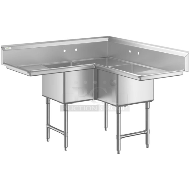 BRAND NEW SCRATCH AND DENT! Regency 600S31620C 57" 16 Gauge Stainless Steel Three Compartment Commercial Corner Sink with 2 Drainboards - 16" x 20" x 14" Bowls. No Legs.  - Image 1 of 10
