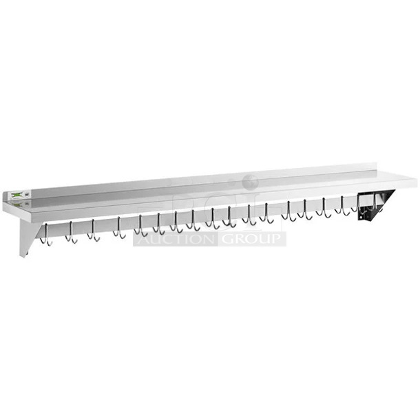 BRAND NEW SCRATCH AND DENT! Regency 600PS1272 12" x 72" Stainless Steel Wall Mounted Pot Rack with Shelf and 18 Galvanized Hooks. May Be Missing Pieces.  - Image 1 of 3