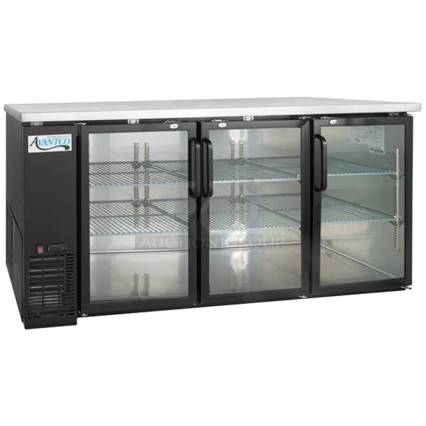 BRAND NEW SCRATCH AND DENT! 2024 Avantco 178UBB72GHC 73" Black Counter Height Narrow Glass Door Back Bar Refrigerator with LED Lighting. 115 Volts, 1 Phase. Tested and Working! - Image 1 of 10