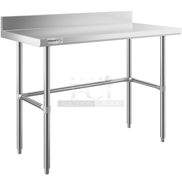BRAND NEW SCRATCH AND DENT! Regency 600WTS24X48B Spec Line 24" x 48" 14-Gauge 304 Stainless Steel Commercial Open Base Work Table with 4" Backsplash. May Be Missing Pieces.  - Image 1 of 3